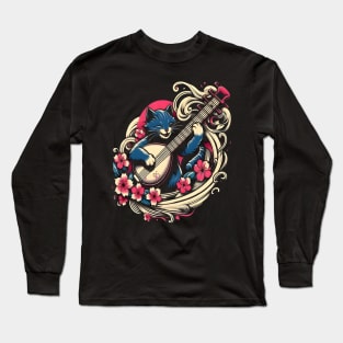 cat playing  shamisen japanese Long Sleeve T-Shirt